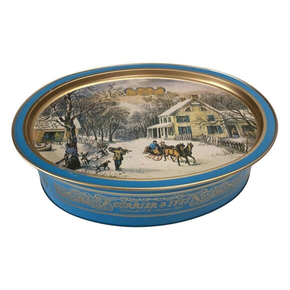 Currier & Ives American Homestead Winter Oval Cookie Biscuit Tin Box Vintage - Picture 1 of 8